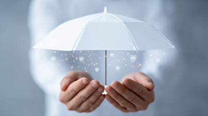 White umbrella protection held by human hand, insurance concept, network shield icon, safety and security, glowing connection