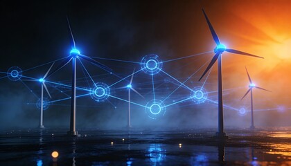 Wind turbine network at sunset with glowing data links, futuristic renewable energy grid powering smart city