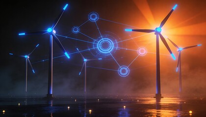 Wind turbine network at sunset with glowing data links, futuristic renewable energy grid powering smart city