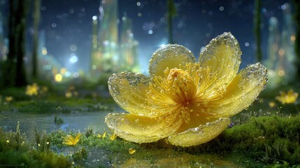 Golden Sparkling Flower In Fantasy Cityscape