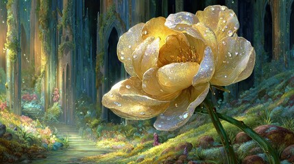 Glowing Golden Peony In A Fantasy Forest