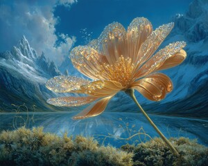Golden Sparkling Flower By Mountain Lake