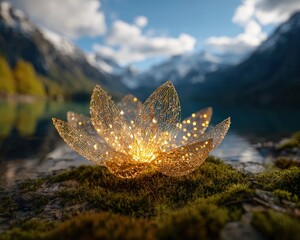Golden Illuminated Lotus Lantern On Mossy Shore Of Lake With Mountains