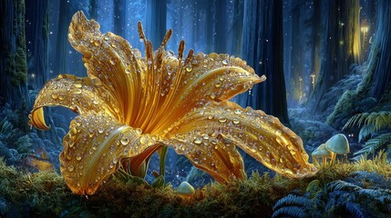 Golden Lily In Sparkling Forest At Night