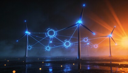 Wind turbine network at sunset with glowing data links, futuristic renewable energy grid powering smart city