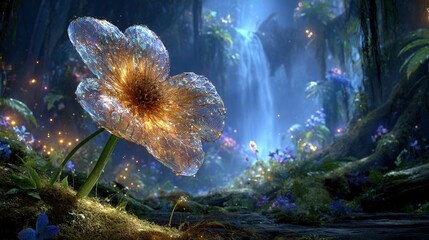 Glowing Crystal Flower In Magical Forest
