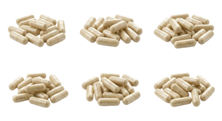 Multiple Piles of Beige Capsules on White Background