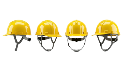 Four Yellow Hard Hats Lined Up Isolated on White Background