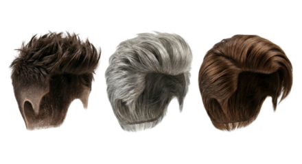 Three diverse male hairstyles, men's fashion, hair styling, different colors and textures