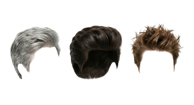 Three different men's hairstyles on white background.