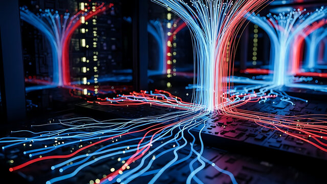 A futuristic digital network with vibrant blue and red neon lights flowing through a dark circuit board