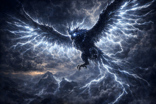 Thunderbird lightning spirit bird soaring over stormy mountains, Native American mythology