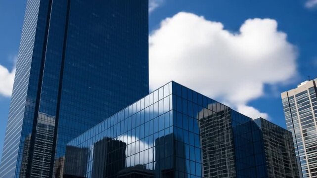 Low-angle view of modern blue glass skyscrapers reflecting clouds against a clear blue sky. Perfect for business, finance, and architecture presentations.