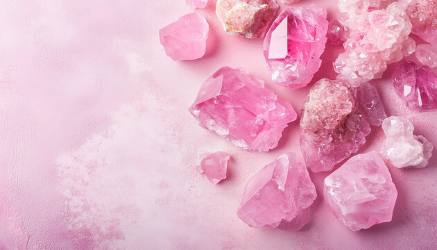 background for a banner for a jewelry store, rose quartz on a pink background close-up