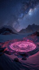Pink Glowing Spiral In Desert Under Milky Way