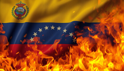 The Venezuelan flag engulfed in flames symbolizing war and conflict
