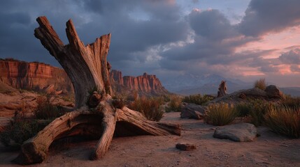 Desert Landscape Sunset With Tree Stump And Mountains