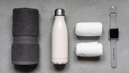 Folded gray towel water bottle rolled bandage fitness watch arranged neatly for workout routine and minimalist wellness preparation 