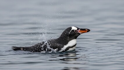 Fototapeta premium Gentoo Penguin in Action: A gentoo penguin gracefully gliding through the cool, crisp waters of the ocean, a splash of water as it moves swiftly. A testament to nature's aquatic artistry.