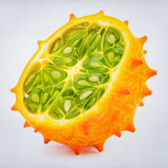 Fresh horned melon (kiwano), orange spiky skin with green jelly interior, isolated on clean white background.