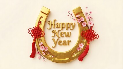 Golden Horseshoe with Cherry Blossoms and Chinese Knots Greeting Happy New Year