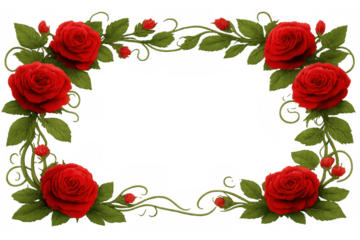 Red roses and green vine creating a decorative floral frame, symbolizing love, romance, and special occasions, transparent background