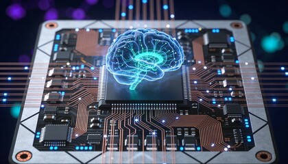 Abstract AI circuit brain analyzing millions of transactions, glowing data visualization, cybersecurity fintech system