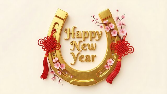 Golden Horseshoe with Cherry Blossoms and Chinese Knots Greeting Happy New Year