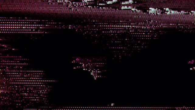 Dark abstract digital glitch animation with red and pink data dots forming horizontal noise patterns. Futuristic cinematic motion background inspired by data streams, cyber visuals.