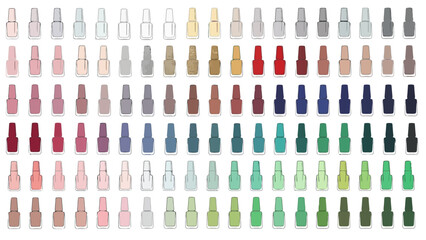 Multiple nail polish bottles in various colors arranged in rows on a surface as seen from directly above a18.eps