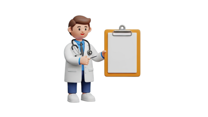 3D Cartoon Doctor Holding Pointer at Clipboard