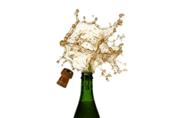 Dark green champagne bottle, silver cork launching, golden champagne exploding into a hyperdetailed crown of effervescent bubbles and mist on a transparent studio background, luxurious celebration