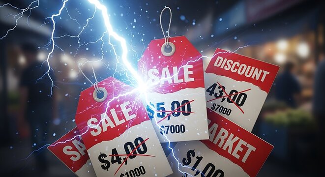 Sale price tags with lightning bolt for retail marketing and discount offers