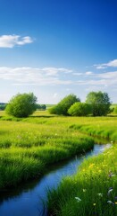 Scenic landscape with flowing stream and lush green meadow under blue sky