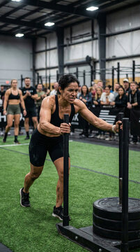 Strong woman pushing heavy weighted sled on turf during gym competition