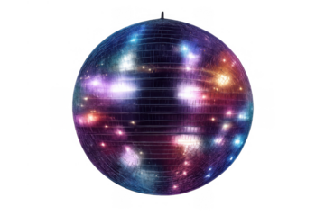 Disco ball illuminating with colorful lights reflecting on mirror facets, creating a vibrant party atmosphere