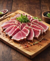 Seared Ahi Tuna Sashimi Appetizer on a wooden plate,  raw fish,  oceanic ingredient, high quality tuna steak seared to perfection