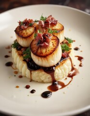 Seared scallops on creamy cauliflower pur?e with crispy pancetta and drizzle of balsamic glaze ,  culinary art, scallops,  nutritious
