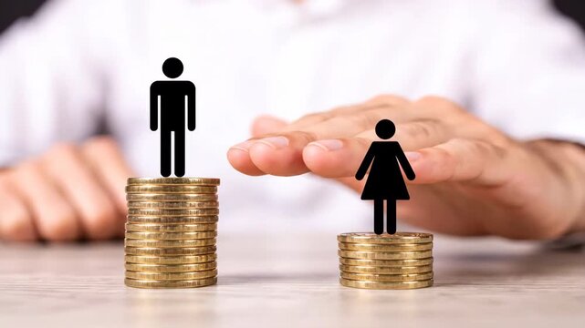Gender pay gap concept showing male and female figures on unequal gold coin stacks, protected by a hand. Illustrates inequality and wage disparity.