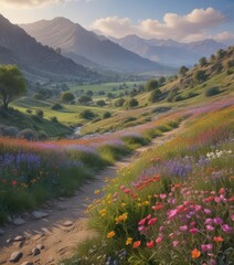 Serene landscape of Conejo Valley with misty mountains and blooming wildflowers after winter rains ,  hills,  nature,  greenery