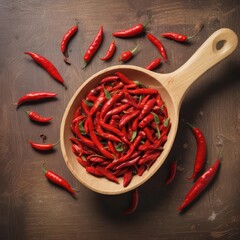 Red chili peppers in a wooden scoop with a rustic wooden spoon,  savory ingredients, spicy pepper mix,  wooden utensil