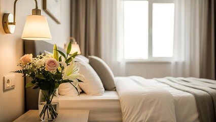 Cozy Hotel Bedroom with Flowers and Lamp.