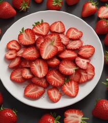 Red strawberry sliced into thin pieces on a plate,  fresh,  plate,  food