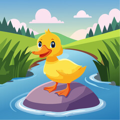 A cheerful duckling standing on a rock in a flowing river, enjoying a beautiful day
