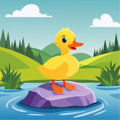 A charming illustration of a cute yellow duckling standing on a rock in a serene pond setting