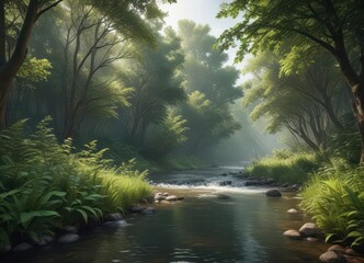 River flows gently through dense forest foliage,  landscape, trees,  water