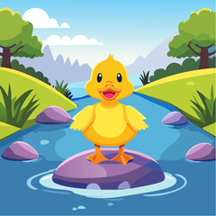 A cheerful cartoon duckling standing on a rock in the river. The duckling is yellow and has a cute smile. The river flows through a landscape