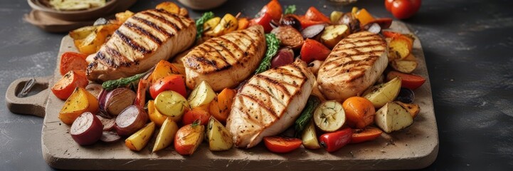 Roasted vegetables on a rustic stone plate with grilled chicken breast,  dinner,  meal, vegetables