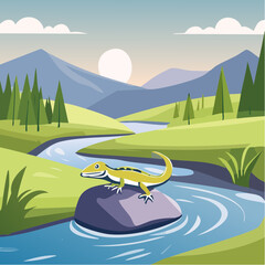 An illustrated scene of a lizard perched on a rock in a river, surrounded by mountains and trees. The vibrant colors create a sense of harmony between nature and the animal