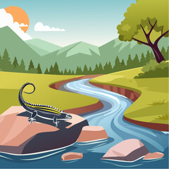 An Illustration of a lizard in a natural landscape with a stream flowing through a valley